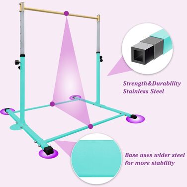 Гімнастичний гриф HomeSun для дітей, міцний нахилений гриф з кільцями, горизонтальний гімнастичний гриф для домашніх тренувань, регульована висота 90-150 см, тренажер до 100 кг, вік 3-15 років, бірюзовий