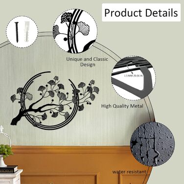 Великі металеві настінні картини з листя гінкго, чорне оздоблення стін підходить для вітальні, спальні, кабінету, офісу (чорний)