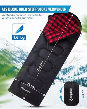 Спальний мішок KingCamp для дорослих, для холодної та теплої погоди, XL, великий та високий фланелевий спальний мішок з компресійним мішком, портативний, водонепроникний, аксесуар для кемпінгу на природі, чорний фланель, 22075 см