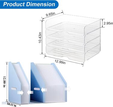 Прозорі штабельовані лотки для паперу 4 упаковки з 1 вертикальним мішком для органів, набір лотків для листів PET Clear Desk, штабельний настільний органайзер для книг, журналів, папок, паперу, нотаток, ручок