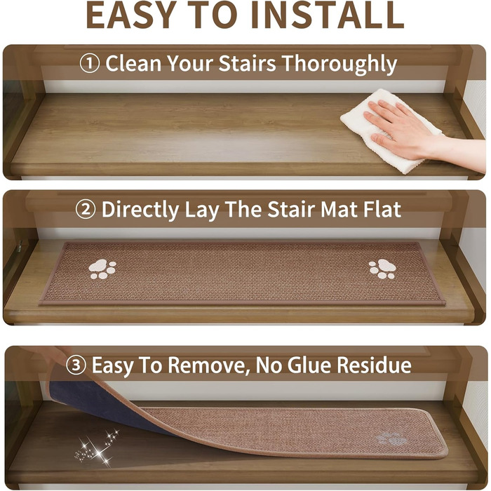 Сходинки для внутрішніх сходів, нековзні з гумовою основою, без залишків, підходять для дітей, людей похилого віку та домашніх тварин, можна прати в пральній машині, 20,3 x 76,2 см, коричневі