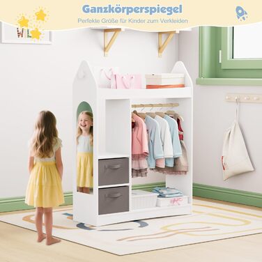 Дитяча шафа, дитяча вішалка для одягу з коробками, вішалка для одягу, дзеркало та полиці, дерев&39яна дитяча шафа, дитяча полиця 81 x 28 x 106,5 см (ракета з 2 шухлядами, біла) Біла ракета з 2 шухлядами