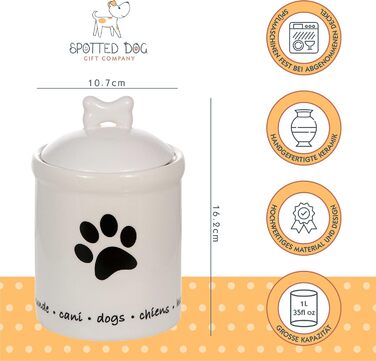 Керамічна банка для печива Spotted Dog Gift Company з герметичною кришкою - банка для ласощів для собак, універсальний контейнер для зберігання ласощів, печива, мотив відбитка лапи собаки, подарунок для власників собак, білий