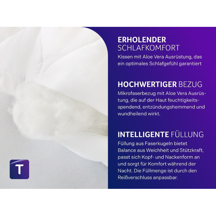 Подушка Dream Night Aloe Vera з м&39яким чохлом з оксамитової м&39якої мікрофібри, 40x80 см, сертифікована Oeko-Tex, виготовлена за німецькими стандартами якості