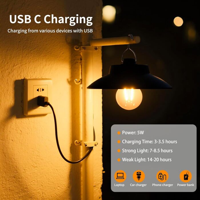 Ретро-ліхтар для кемпінгу світлодіодний акумуляторний, 200 люмен, водонепроникний IPX4, акумуляторний з батареєю 2600 мАг, наметовий ліхтар для кемпінгу та надзвичайних ситуацій (теплий білий) вінтажний