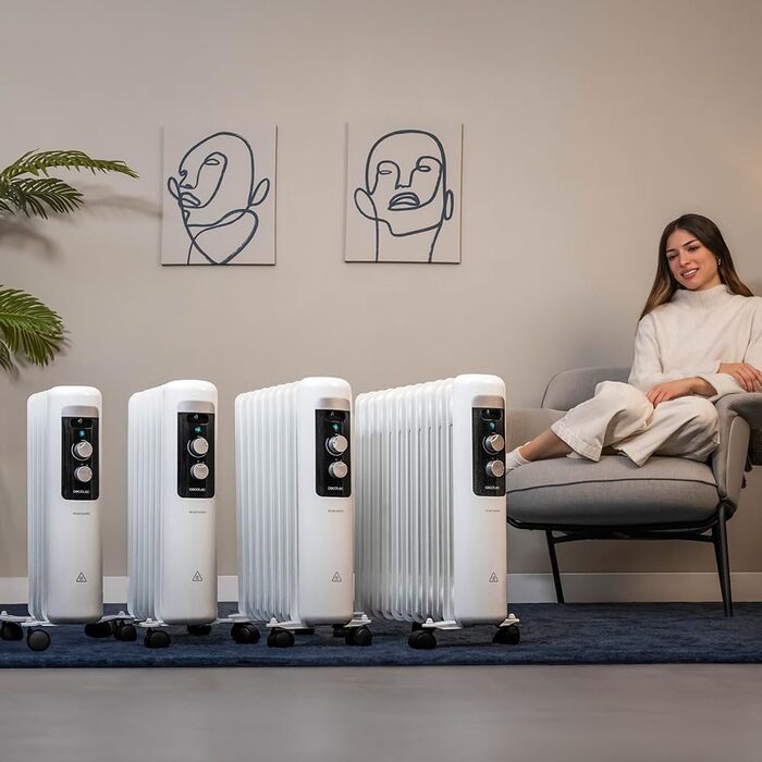 Електричний масляний радіатор Cecotec з низьким енергоспоживанням 7 модулів ReadyWarm 750 Space White. 1500 Вт, 3 рівні потужності, система безпеки та колеса, ідеально підходить для 15 м, білий