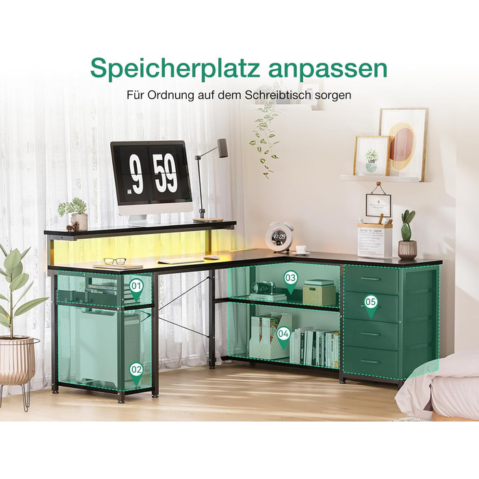 Письмовий стіл ODK з шухлядами, 135110 см, двосторонній кутовий стіл з 2 розетками та 2 портами USB для зарядки, L-подібний офісний стіл зі світлодіодним освітленням для домашнього офісу, чорний 135110 см