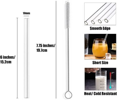 Прозора соломинка для пиття ALINK Glass Straws пряма 8 шт. 10 мм x 15,2 см, багаторазові скляні соломинки для пиття 2 щітки для чи