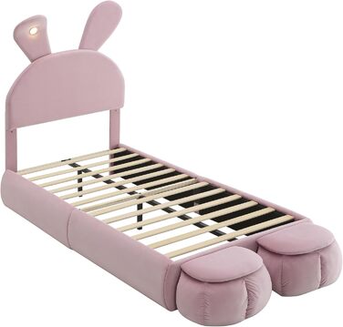 М&39яке ліжко 90x200 см, дитяче ліжко з 2 табуретами для зберігання речей та світлодіодним приліжковим освітленням, розкладні вушка зайчика, каркас ліжка зі світлодіодним освітленням для дівчаток, дитяче ліжко з рейковою основою, оксамит, рожевий, без мат