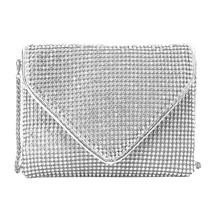 Сріблясте клатч-зчеплення з кристалами та знімним ланцюжком для вечірки, весілля, балу або банкету 06258