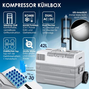 Електрична морозильна камера, 42 л З керуванням APP USB-з'єднання 12/24 В 230 В, телескопічна опора, 2 колеса холодильної камери Х