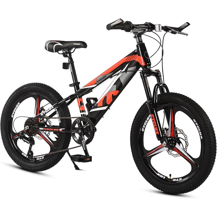 Дюймовий дитячий гірський велосипед для хлопчиків та дівчаток 7-швидкісні передачі Shimano передні та задні дискові гальма амортизаційна вилка міцна сталева рама дитячий велосипед, червоний, 20-