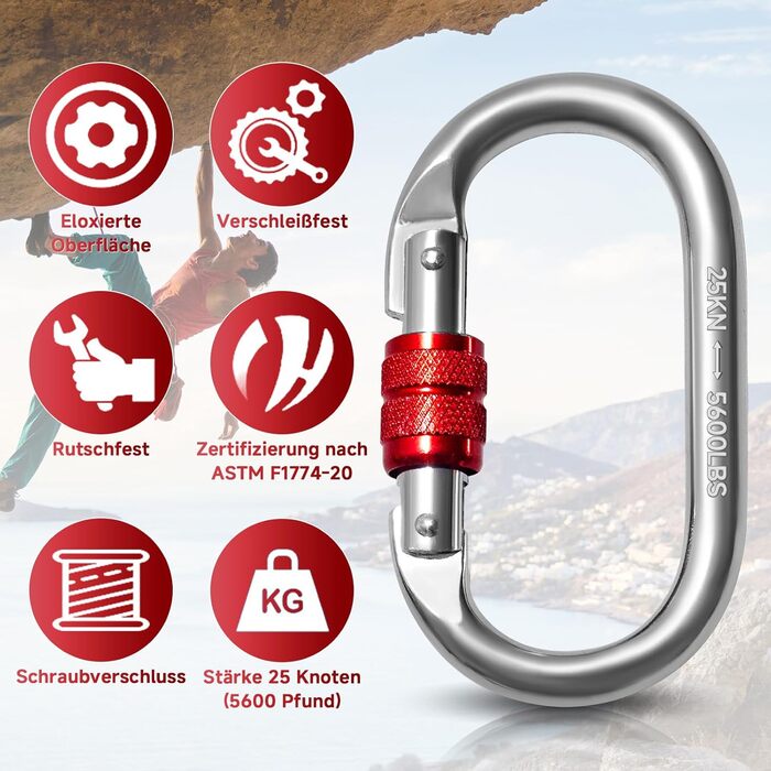 Карабіни-гачки 25KN, O-подібні надміцні запобіжні карабіни, нержавіюча сталь, вантажопідйомність 2500 кг, карабін для скелелазіння, йоги, гамака, кемпінгу, гойдалки, 25KN, 3 шт., срібний червоний