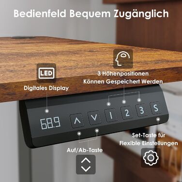 Електрично регульований по висоті стіл 120x60 см, стіл для роботи сидячи та стоячи з 3 налаштуваннями висоти та функцією пам&39яті, регульований комп&39ютерний стіл з шухлядами для домашнього офісу/кабінету, коричневий