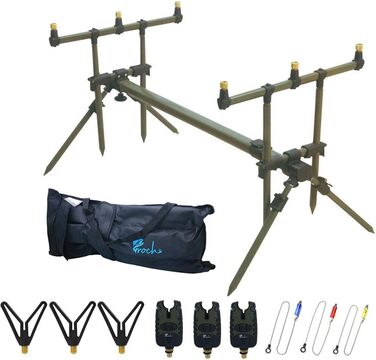 Тримач для вудилищ Master Rod Pod Aluminum Deluxe на 3 вудилища, включаючи сумку для зберігання вудилищ (зелений тримач для вудилищ та чорний індикатор клювання)