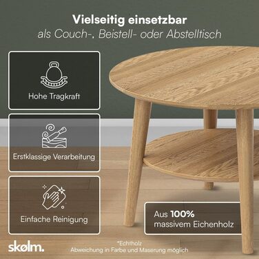 Круглий журнальний столик Skølm Mjlnir Ø70 см стіл для вітальні з масиву дуба диванний столик з 2 полицями невеликий журнальний столик, натуральне промаслене покриття дерев&39яний стіл для вітальні з місцем для зберігання круглий журнальний столик з натур