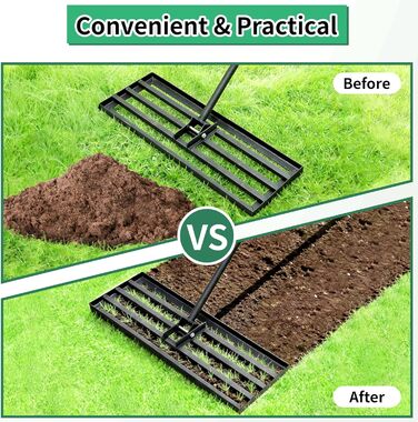 Гребінь для газону Rasen Rakel 75x25 см, міцний вирівнюючий грабель з ергономічною вигнутою ручкою (185 см), ідеально підходить для ґрунту, щебеню, добрив, саду, подвір'я та гольф-поля