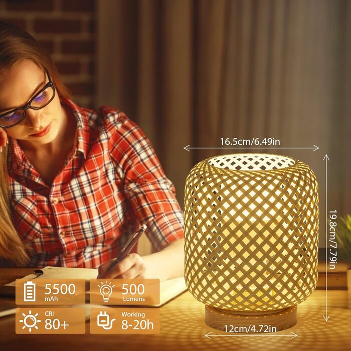 Настільна лампа Klighten з 2 предметів Ротанг з можливістю затемнення в інтер'єрі з натурального бамбука та дерева з акумуляторною
