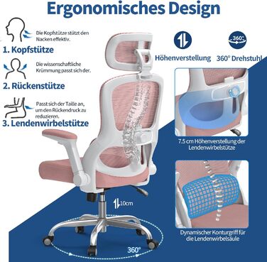 Ергономічне офісне крісло TRALT - Ігрове крісло з регульованим підголівником та поперековою опорою - Офісне крісло для дому - Комп&39ютерне крісло для високих людей - Сітчасте крісло, вантажопідйомність 150 кг, рожеве