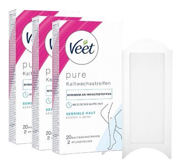 Смужки холодного воску Veet PURE Підходить для чутливої шкіри Використовуйте для ніг і тіла До 4 тижнів гладкої шкіри 3 x 20 холодних воскових смужок (60 шт. )