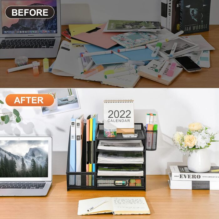 Настільний органайзер Marbrasse з тримачами для файлів, 5-ярусний лоток для паперу та листів з шухлядою та 2 тримачами для ручок, сітчастий органайзер для зберігання офісного приладдя (чорний)