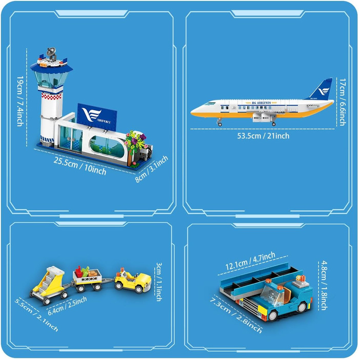 Набір іграшок HOGOKIDS "Пасажирський літак" зі світлодіодними ліхтарями, 90 будівельні блоки літака з терміналом, радарною вежею, причепом, моделлю літака, подарунки для хлопчиків та дівчаток віком 6, 7, 8, 9 та 10 років