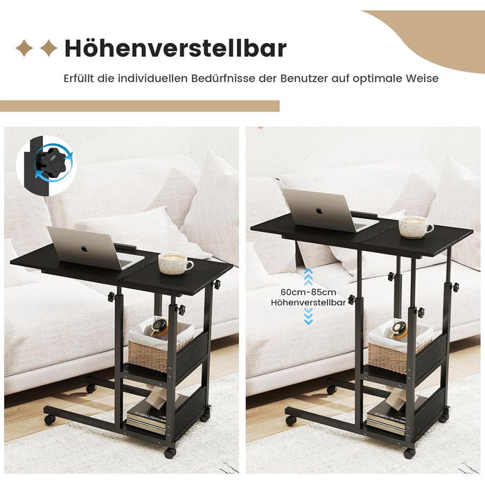Приставний столик Hadulcet, С-подібний приставний столик з колесами, регульована стільниця, журнальний столик з розеткою, регульований по висоті диванний столик, столик для ноутбука для вітальні та спальні, чорний