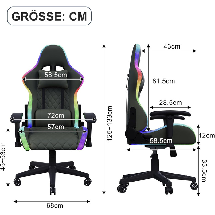 Ергономічне ігрове крісло для комп&39ютера з U-подібною подушкою для підтримки шиї, ігрове крісло зі світлодіодним підсвічуванням, функцією масажу попереку, регулювання висоти, сірий колір
