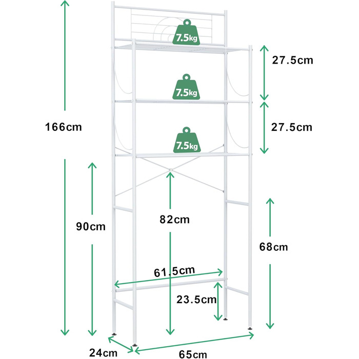 Полиця для пральної машини MALLBOO, не потребує свердління, 3-рівнева полиця для ванної кімнати, полиця для унітазу з нержавіючої сталі, компактна підставка для ванної кімнати (біла) Білий 9,45&39 Г x 25,59&39 Ш x 65,35&39 В