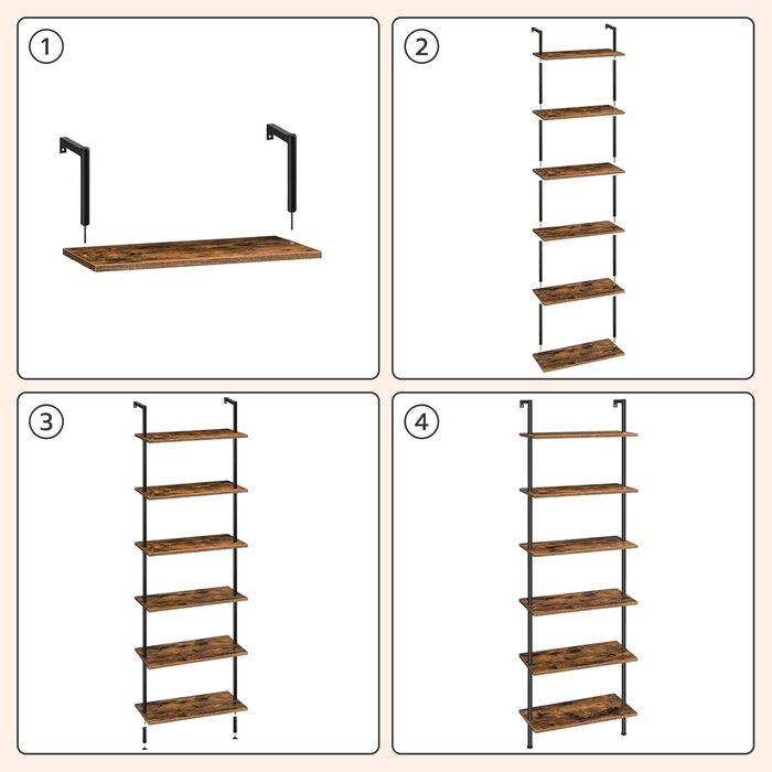 Рівнева книжкова полиця HOOBRO своїми руками, промислова драбина, полиця з ДСП, вертикальна полиця зі стабілізуючою металевою рамою, для домашнього офісу, вітальні, темно-коричневий EBF65CJ01 60 x 24 x 200,5 см темно-коричневий чорний, 6-