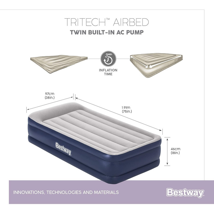 Надувний матрац Bestway Tritech, Vento, 191 x 97 x 46 см, одномісний, із вбудованим електричним насосом