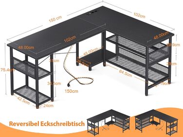 Ігровий стіл ODK, двосторонній ігровий стіл 150102 см з 2 розетками та 2 портами зарядки USB, кутовий стіл з максимальною організацією та місцем для зберігання, чорний 150102 см чорний