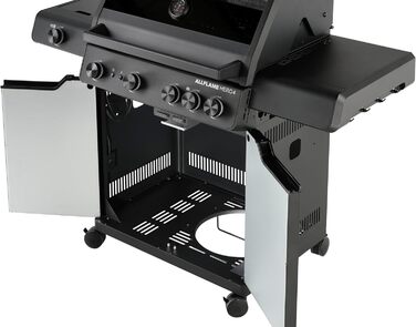 Газовий гриль RSLE ALLFLAME Hero 4 4 пальники (по 3,5 кВт), PRIMEZONE, BACKBURNER, робоча поверхня 70x45 см, чавунні решітки, алюмінієве лиття, кришка зі скляною вставкою, підсвічування ручок, чорний