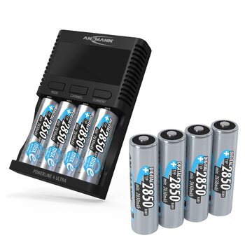 Зарядний пристрій ANSMANN Powerline 4 Ultra для акумуляторів AA/AAA/C/D NiMH та круглих літій-іонних елементів 18650/26650 з 4 програмами заряджання, включаючи 8 акумуляторів NiMH AA2850, швидкий зарядний пристрій Powerline 4 Ultra з 8 акумуляторами AA285