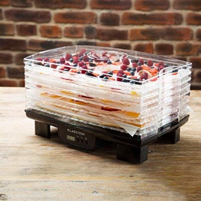 Дегідратор, дегідратор, сушарка для фруктів, м'яса та фруктів, 6 рівнів, штабельована, 550 Вт, регульована температура, робота з конвекцією, РК-дисплей, без бісфенолу А, чорний