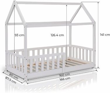 Дитяче ліжко ecomi 80x160 Ліжко на підлозі Дитяче ліжко-ліжко-будиночок із захистом від падіння та рейковою основою для дітей Дитячі ліжка для дівчаток та хлопчиків Масив сосни білого кольору 80x160 Білий
