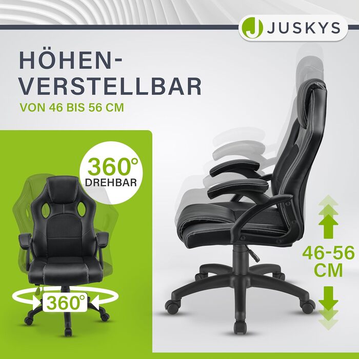 Ергономічне офісне крісло Juskys Racing Montreal з регульованою висотою та м&39яким покриттям, вантажопідйомність 120 кг, офісне крісло, обертове крісло, ігрове крісло для ПК - чорне, 111 см