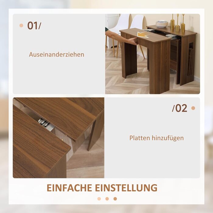 Обідній стіл HOMCOM, 60-180x85 см, 3-рівневий розкладний кухонний стіл до 6 осіб, сучасний обідній стіл, для вітальні, їдальні, кухні, коричневий