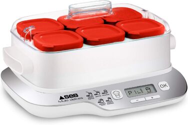 Йогуртниця, 6 червоних горщиків, йогурт, 5 автоматичних програм, молочні десерти, білий сир і м'які десерти, 140 мл, 100 без вміст