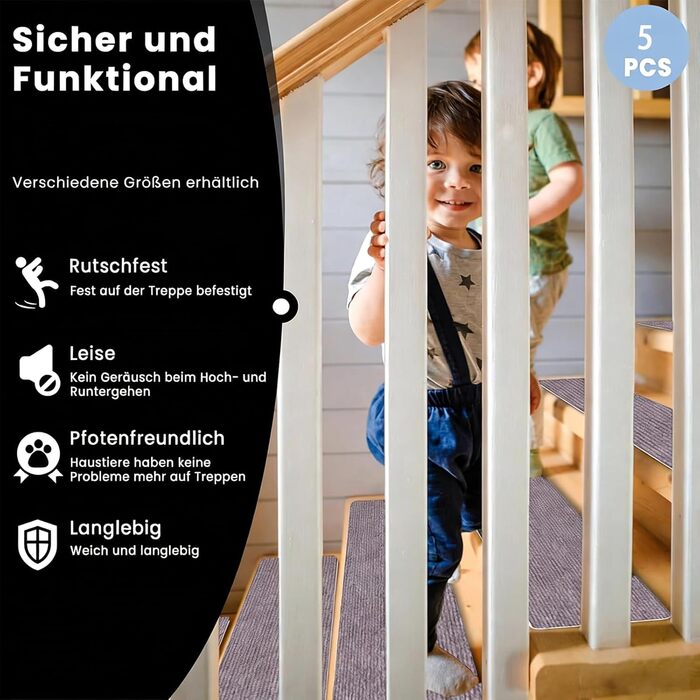 Сходинки 20 x 56 см, м&39який ворс, самоклеючі та протиковзкі, можна різати, багаторазові, 5 протиковзких сходинок, килимки для сходів для дітей та домашніх тварин, A