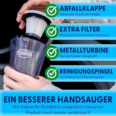 Автомобільний пилосос ThisWorx зі світлодіодним підсвічуванням - Ручний пилосос для прибирання автомобіля - 106 Вт 12 В - Адаптер