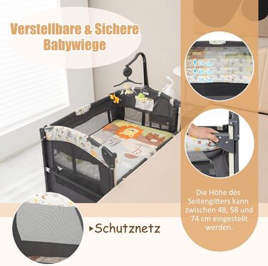 Складане дорожнє ліжечко DREAMADE 4-в-1, дитяче ліжечко з регульованою висотою та пеленальний столик, приліжкове ліжко з сумкою для перенесення, для дітей 0-36 місяців, темно-сіре