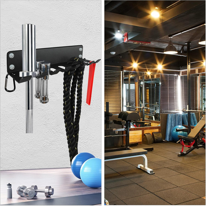 Органайзер для тренажерного залу, міцне зберігання штанг, настінне кріплення на 7 місць, тримач для олімпійської штанги, для зберігання в домашньому спортзалі, з порошковим покриттям, універсальний, для скакалок, ременів, поролонових роликів