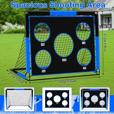 Футбольні ворота 2-в-1 для дітей, 150 x 120 см, портативні та стабільні футбольні ворота з 5 зонами для удару, 4 кріпленнями для землі та 1 сумкою для перенесення, стабільні для саду, парку, пляжу, сині 150 x 120 x 120 см