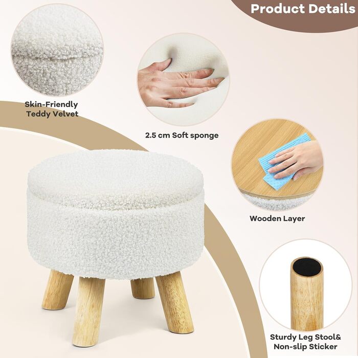 Пуф-підставка для ніг, маленький круглий пуф з місцем для зберігання, пуф з букле плюшевого оксамиту з дерев&39яними ніжками, м&39який пуф з місцем для зберігання для вітальні, спальні, (кремовий) (кремовий)