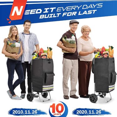 Складний візок для покупок, 75 л, 2-в-1, з 2 колесами, з рамою з нержавіючої сталі та знімною водонепроникною сумкою з брезенту (чорний)