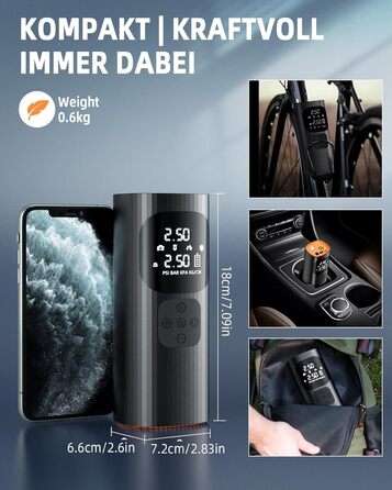 Електричний повітряний насос, міні-компресор, 160x70x50 мм, 10.3 бар / 150 PSI, ABS-пластик/метал, чорний