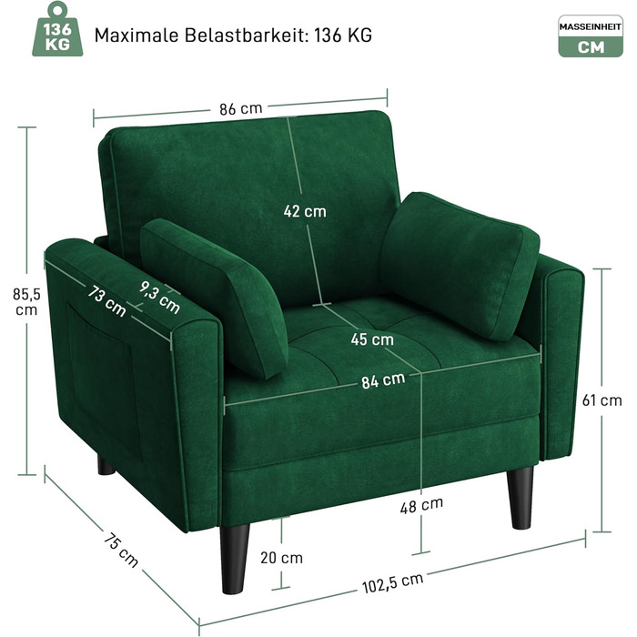 Одномісний диван Yaheetech, двомісний диван, невеликий диван з 2 подушками та підлокітниками, сучасний лляний диван-кутник, комплект диванів для вітальні, зелена оксамитова тканина