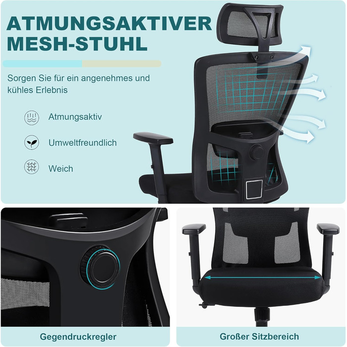 Ергономічне офісне крісло Youhauchair, стілець для роботи з регульованим підголівником та підлокітниками, ергономічне офісне крісло з високою спинкою та функцією гойдання, обертове крісло для домашнього офісу, класичний чорний колір