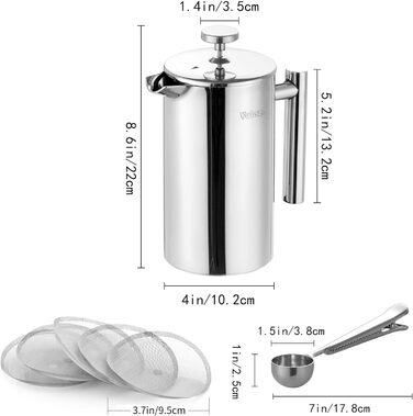 Кавоварка з нержавіючої сталі френч-прес Velaze, кавоварка 350 мл на 2-3 чашки, французький кавоварський прес з подвійними стінками, елегантний дизайн, кавник з 5 фільтрами з нержавіючої сталі та 1 ложкою 350 мл